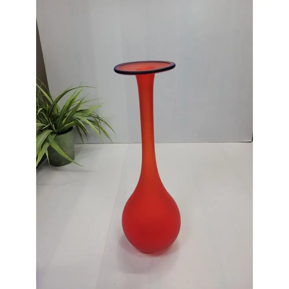 Vintage Pier 1 Imports Long Neck Bud Vases, Cobalt Blue Red Satin Glass Set